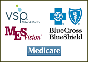 Insurance options including VSP, BlueCross BlueShield, MES Vision, and Medicare